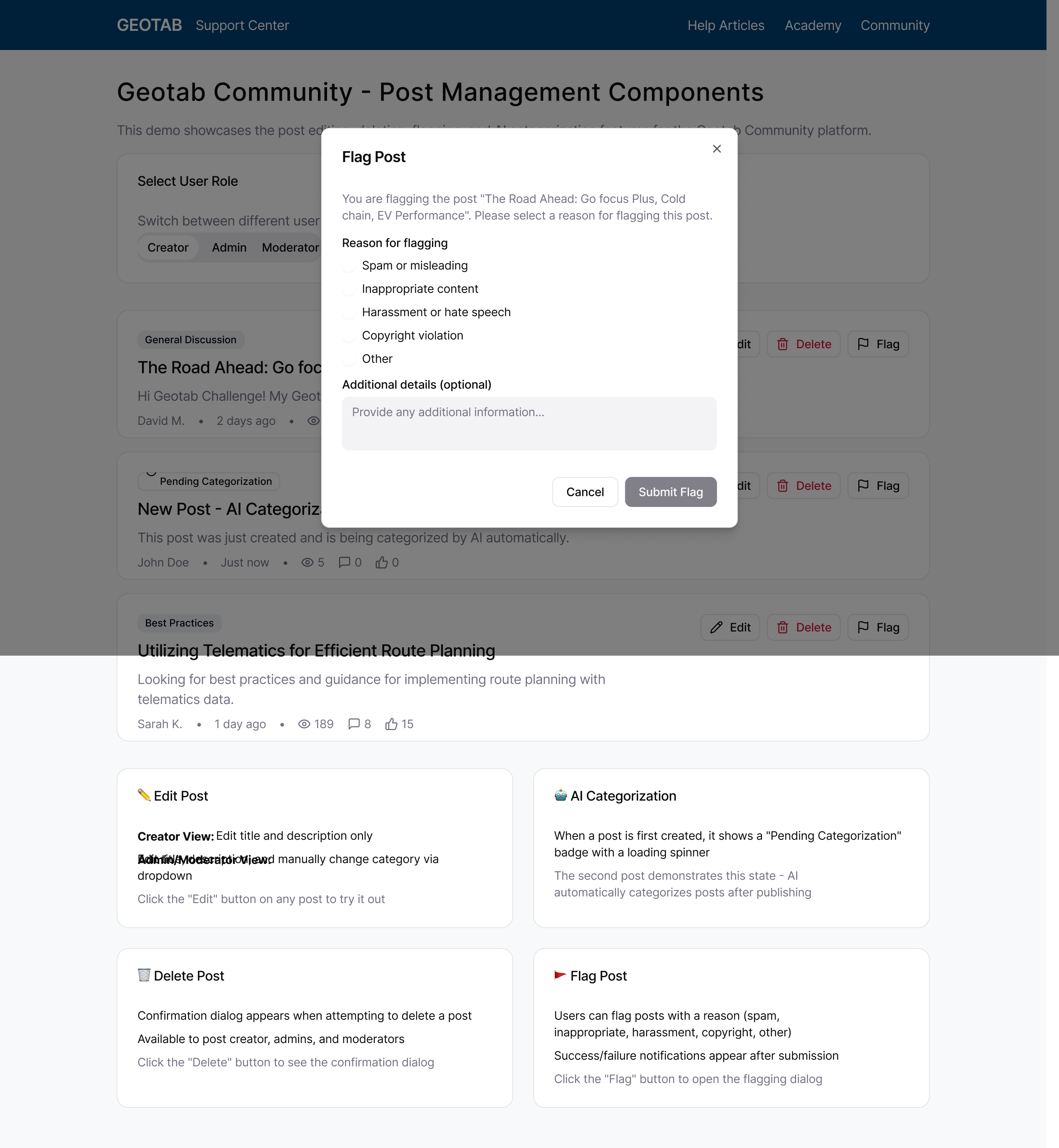 Post management component demo showing Creator, Admin, and Moderator role views, with AI categorization pending state, edit, delete, and flag post actions