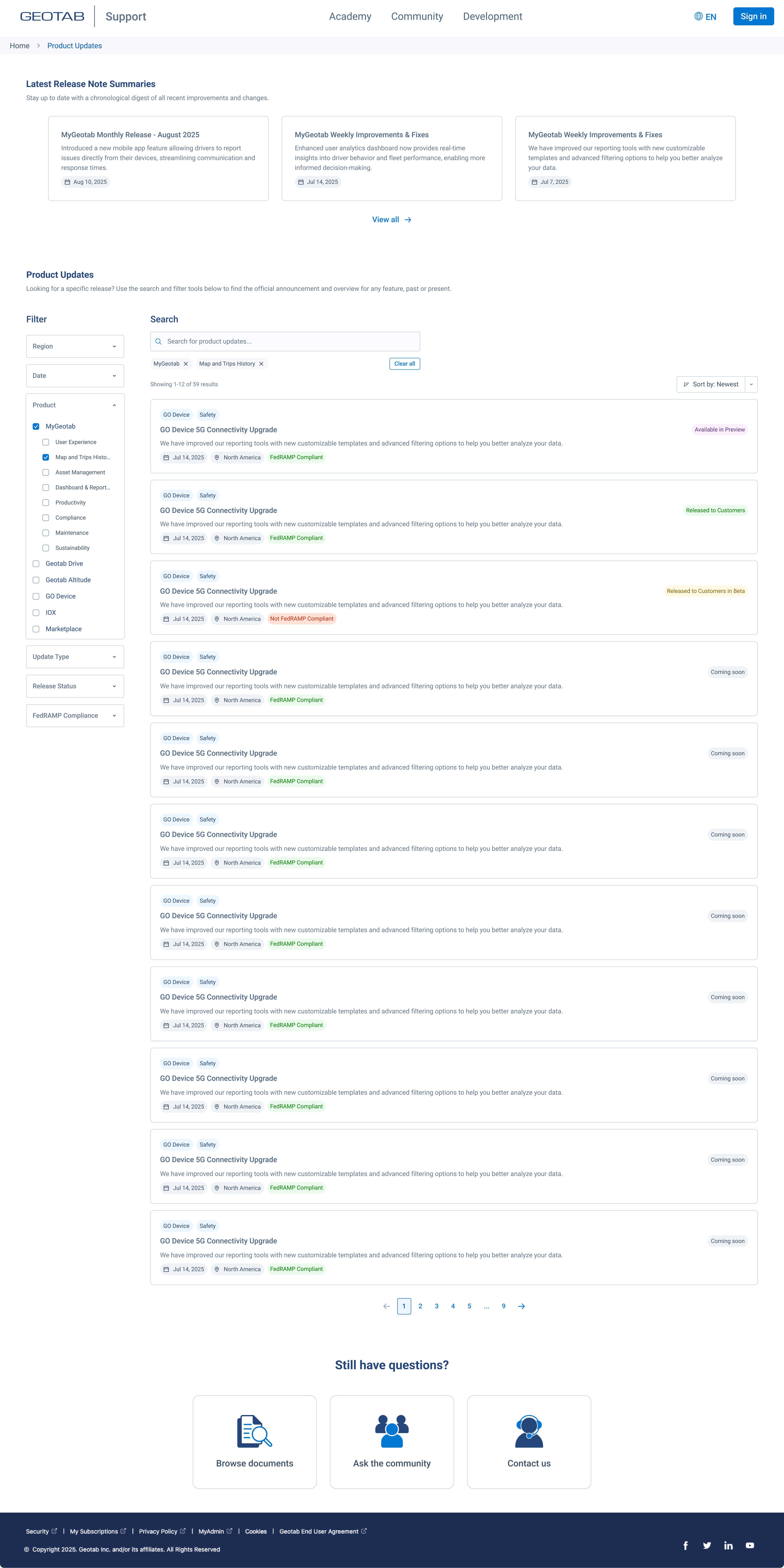 Product Updates homepage with active filters: MyGeotab and Map and Trips History selected, showing 39 results sorted by newest. Left panel shows Region, Date, Product checkboxes, Update Type, Release Status, and FedRAMP Compliance filters. Results show GO Device Safety updates with North America region, FedRAMP Compliant badges, and varying release status tags (Available in Preview, Released to Customers, Released to Customers in Beta, Coming soon)