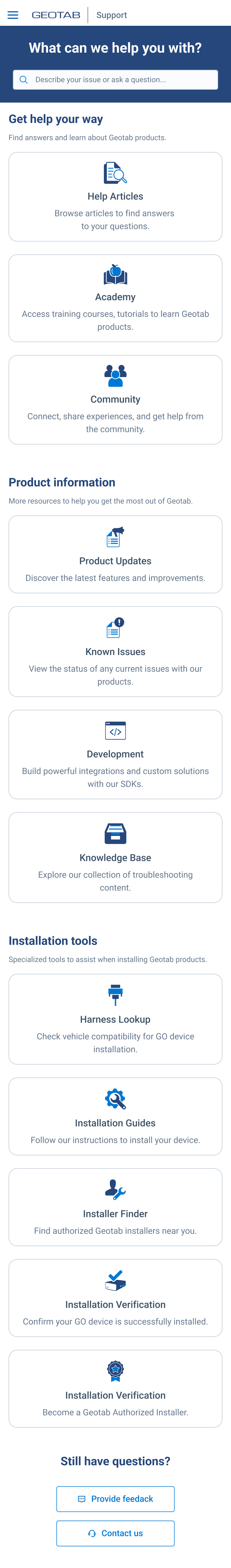 Central Support Hub mobile view showing the same natural language search hero and resource card grid adapted for mobile viewport